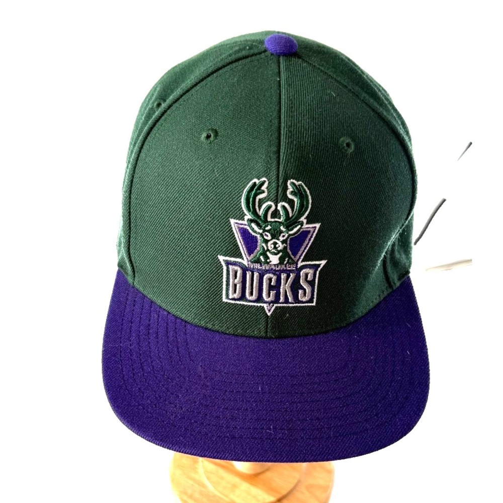 Mitchell & Ness Milwaukee Bucks Snapback Hat Green Purple NBA Throwback Logo Cap